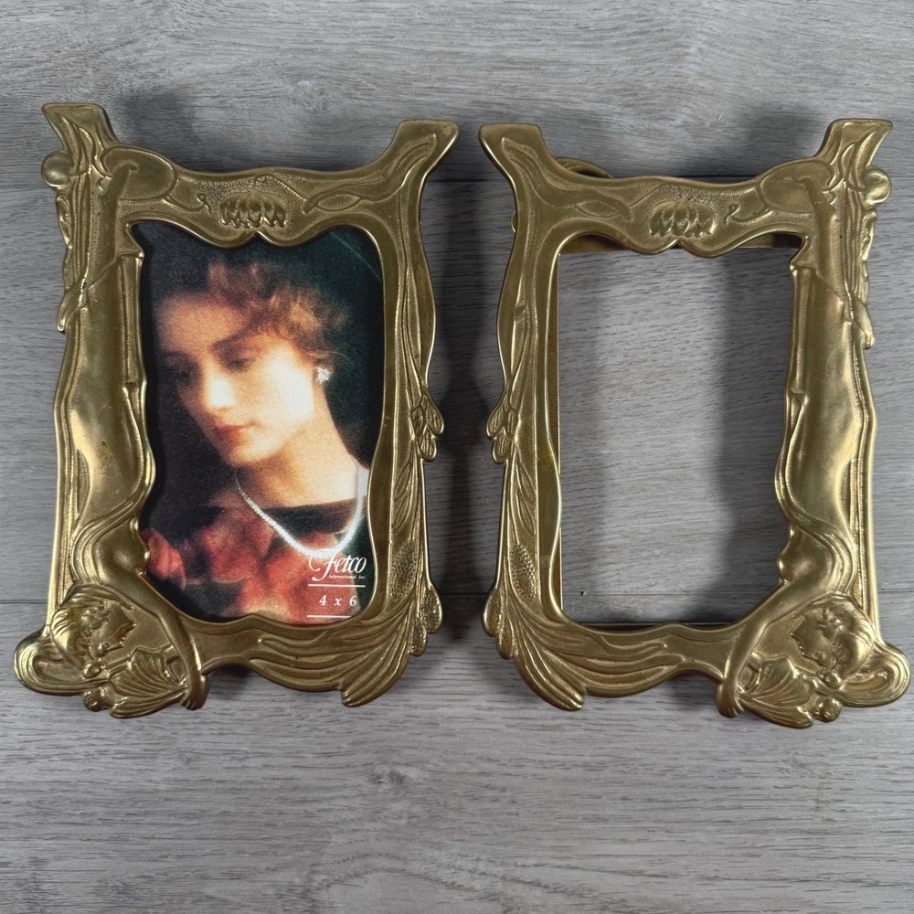 Fetco International Art Nouveau Brass Picture Frame Set 2 4x6 Gold Vtg Ornate